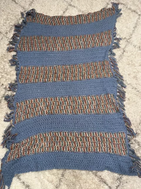 Vintage 70's Throw Blanket, 72 x 56 Crochet knit fringe blue