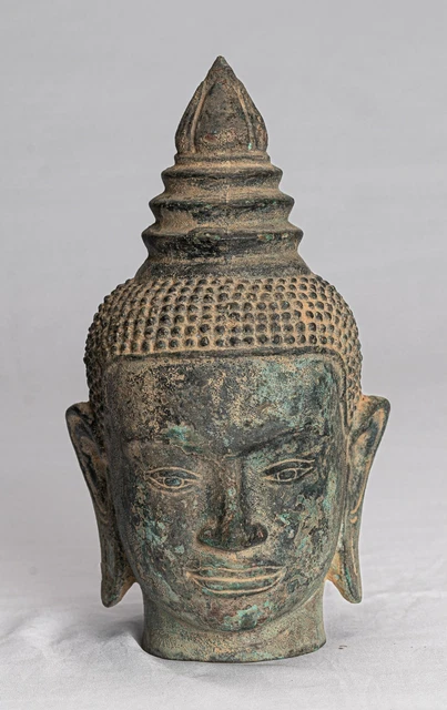 Antique Khmer Style Bronze Lotus Flower Buddha Head Statue - 21cm/8"