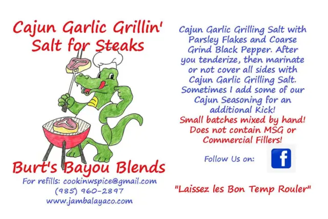 Cajun Garlic Grillin Salt for Steak, Burt's Bayou Blends Seasonings