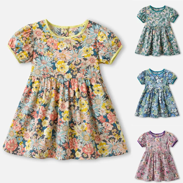 Kids Toddler Baby Girls Spring Summer Flower Print Short Sleeve Princess Dress