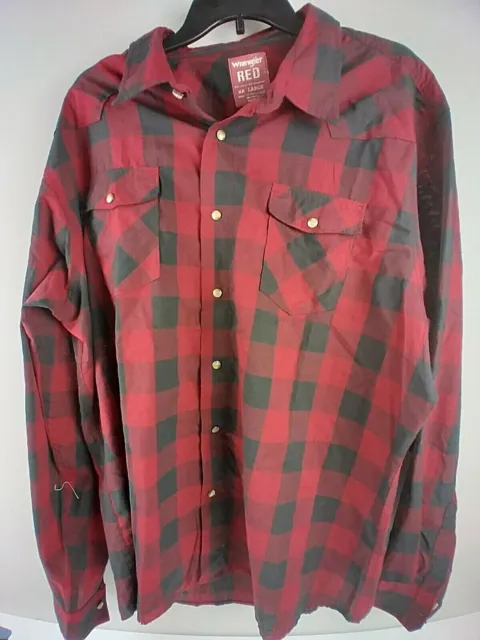 Wrangler RED Western Shirt 2XL Pearl Snap Long Sleeve Red Black Checkered XXL