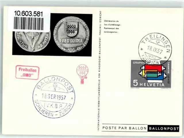 10603581 - Theilingen Ballonpost Schlieren Zuerich Fred Dolder Freiballon OMO 2