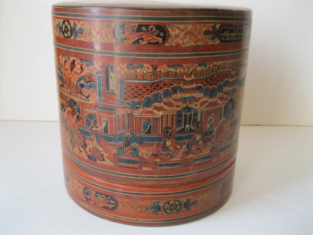 Antique Burmese Lacquer food Box with Painted Scenes From Myanmar 2