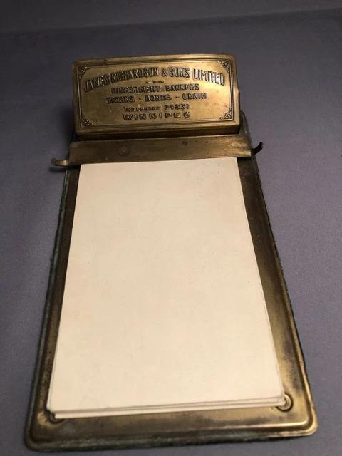 VINTAGE brass Notepad holder James Richardson & Son Branded Winnipeg advertising