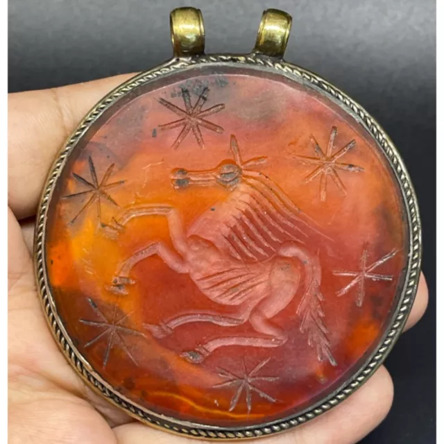 Beautiful Old Near Eastern Brass Silver And Carnelian Intaglio Pendant Very Nice