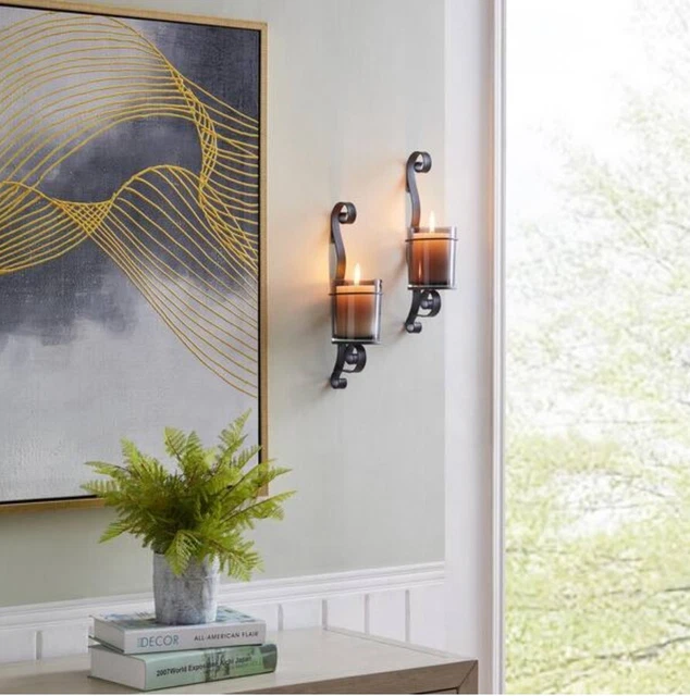 Vintage Black Wall Sconce Candle Holders with Smoke Glass Hurricanes (Set of 2)