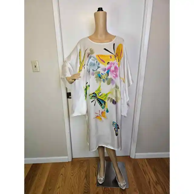 White Flowy Kaftan Cover Up Silk Dress Floral Print with Kimono Sleeves