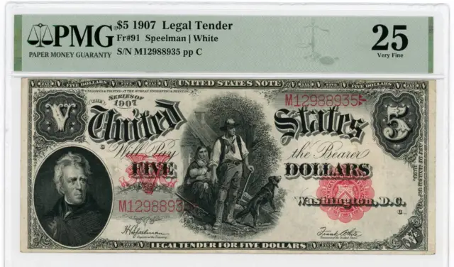 NobleSpirit No Reserve US Fr 91 1907 $5 Small Red Scalloped Legal Tender PMG 25