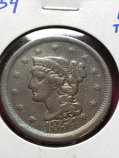 1854  braided hair large cent  N.5 R-3 Date Free Shipping