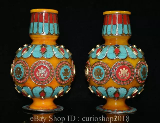 7.6 "Old Tibet Buddhism Silver Beeswax inlay turquoise eight treasures Vase Pair