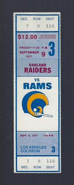 Vintage 1977 Nfl Oakland Raiders @ Los Angeles Rams Full Unused Football Ticket