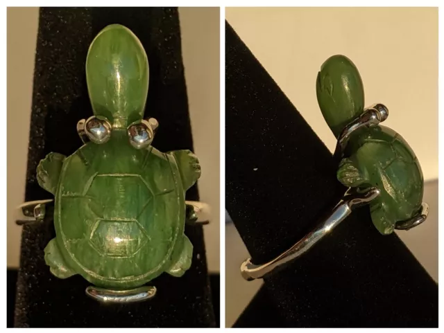 Sterling Silver Turtle Carved Nephrite Ring 6.9g Sz 7.5 adj Signed