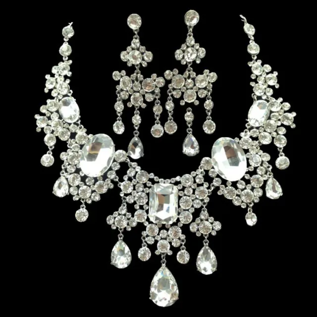 Wedding Bridal Sparkling Crystal Diamante Necklace  Earrings jewellery set