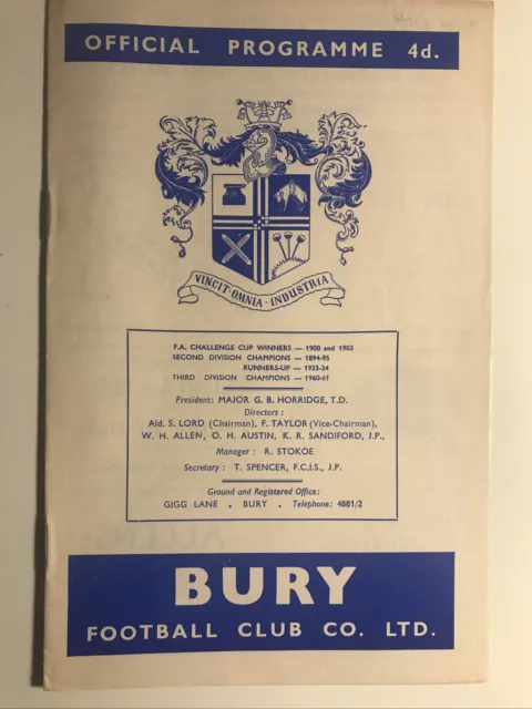Bury v Rotherham United programme Division 2 16/01 1965