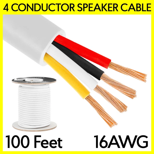 100 Feet Speaker Wire White 16 AWG 4 Conductor In-Wall Audio Cable Bulk Cord