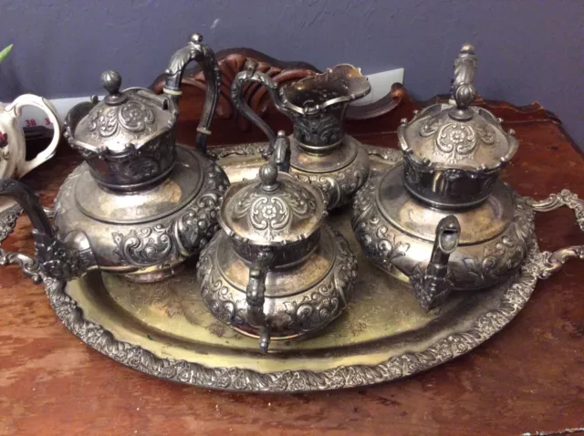 Antique ornate meridien britannia tea coffee set quadruple plate repousse