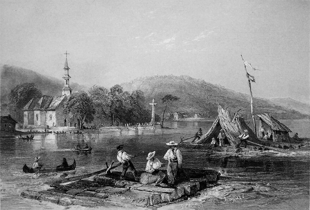 QUÉBEC - FLOTTAGE de BOIS: RADEAUX sur LE LAC des DEUX MONTAGNES - Gravure 19e