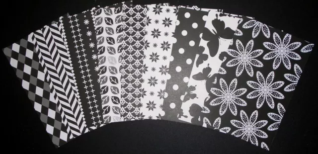 10 x BLACK & WHITE PATTERNED PAPERS - 15cm x 10cm (6" x 4") Scrapbooking/ Cards