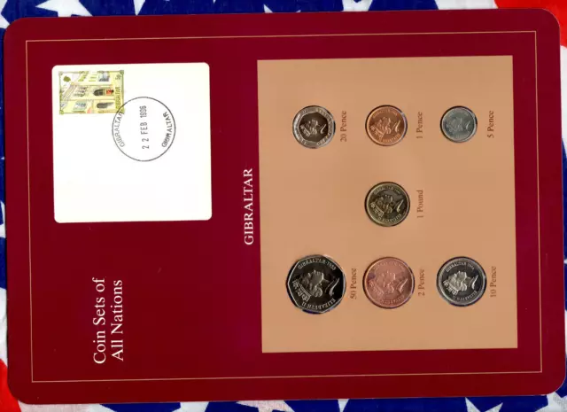 Coin Sets of All Nations Gibraltar w/card 1988-1995 UNC £1 1995 50,20 Pence 1988