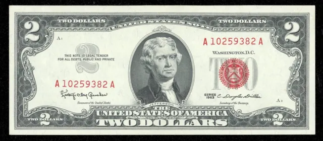 1963 $2 Red Seal Two Dollar Bill United States Note, Random Mint Mark Crispy XF