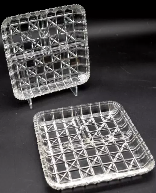 Two Vintage Square Divided Crystal Cut Glass Small Serving Trays Dishes
