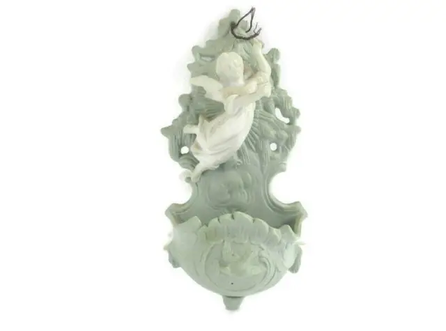 Holy Water Font Angel Green White  Bisque Porcelain Collector Cameo Style   HTF