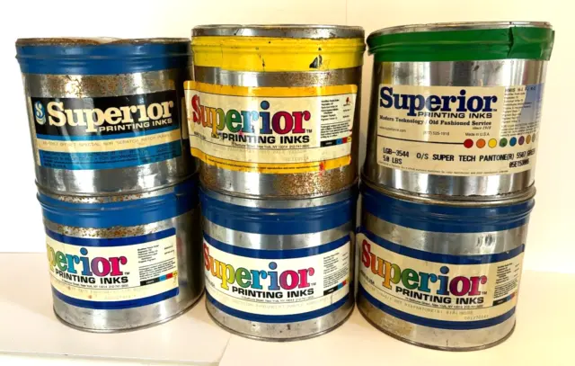 Six 5 lb. Cans Various Colors Oil Base Offset Printing Ink