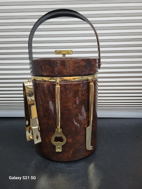 Vtg Georges Briard Signed Ice Bucket And Tools Tortoise Vinyl