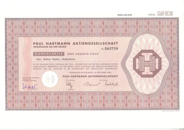 Paul Hartmann AG  2000  Heidenheim  ( Stückaktie über 20 St.)