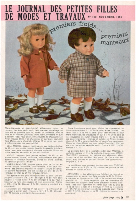 Page poupées MODES ET TRAVAUX Février 1969 Marie Françoise, Jean Michel