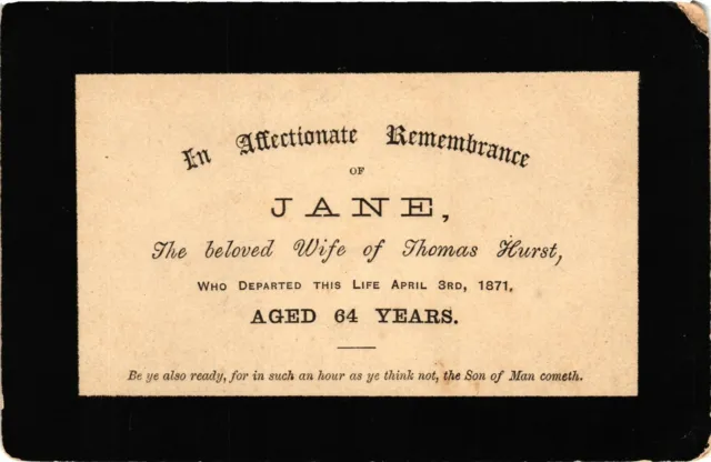 US Victorian 1871 Remembrance Mourning Card - Jane, beloved Wife of Thomas Hurst