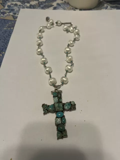 Vintage Turquoise And Sterling Cross Pendant  With Pearl And Turquoise  Necklace
