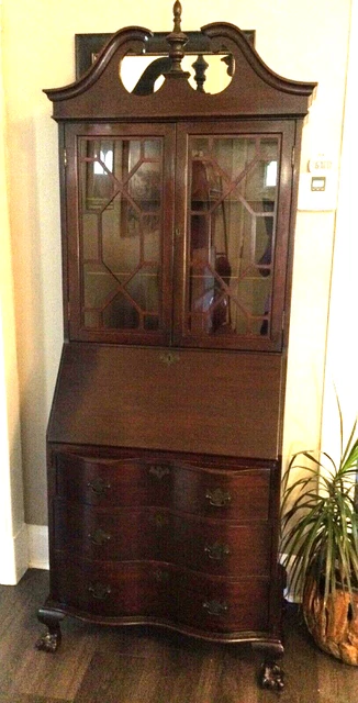 Antique Maddox Red Mahogany Claw Foot Secretary Hutch and Desk (No Keys)