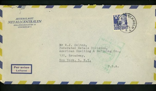 Postal History Sweden Scott #381 Airmail 1947 Stockholm Smelting New York NY USA