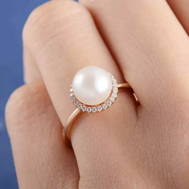 Elegant Wedding Ring Women Rose Gold Filled Round Cut White Pearl Sz 6-10