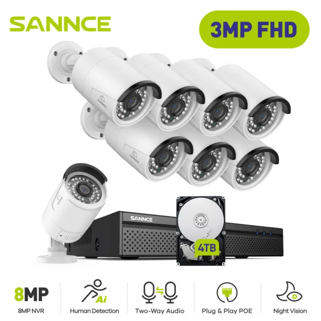 SANNCE 4K 8CH NVR 3MP POE Security Camera System Two Way Audio Recording Outdoor