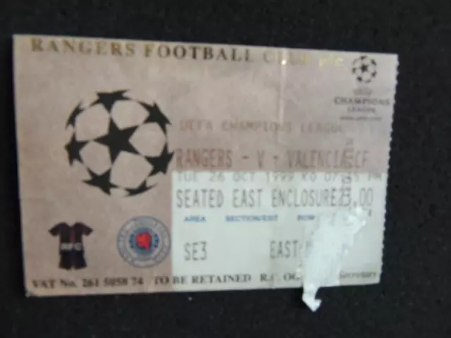 Glasgow Rangers v Valencia 26th October 1999 Ticket Stub UEFA Champions League