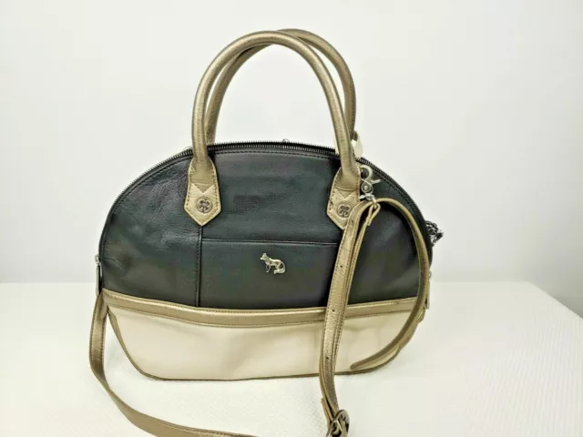 New Emma Fox $228 Oatmeal Black Jemma Dome Embossed Satchel Leather Handbag Bag