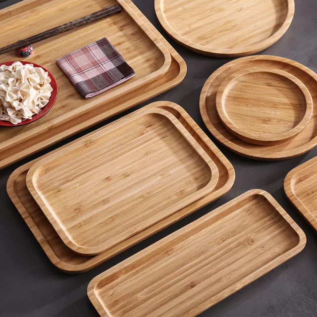 Wooden Serving Tray Square Round Plate Tableware Food Tea Server Dishes Kitchen