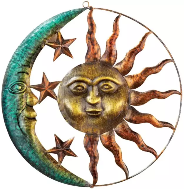 Artistic Sun and Moon Metal Wall Art - Indoor/Outdoor Rustic Finish - Brown