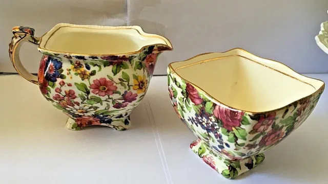 Vintage Royal Winton Summertime Chintz Footed Creamer And Sugar Set