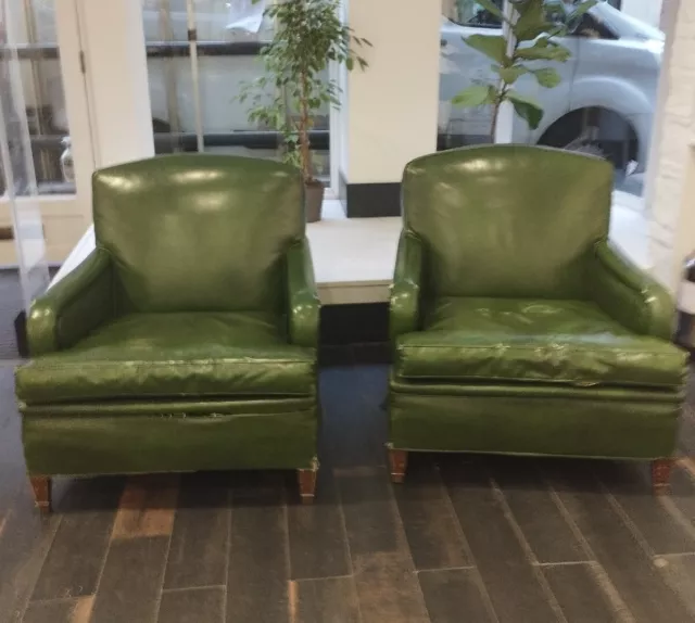 Matching Pair Of Vintage American Classic Green Club Chairs Armchairs 2