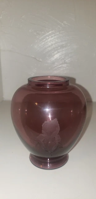 Vintage Fenton Amethyst Glass Sand Etched Iris Temple Jar / Ginger Jar w/out LID