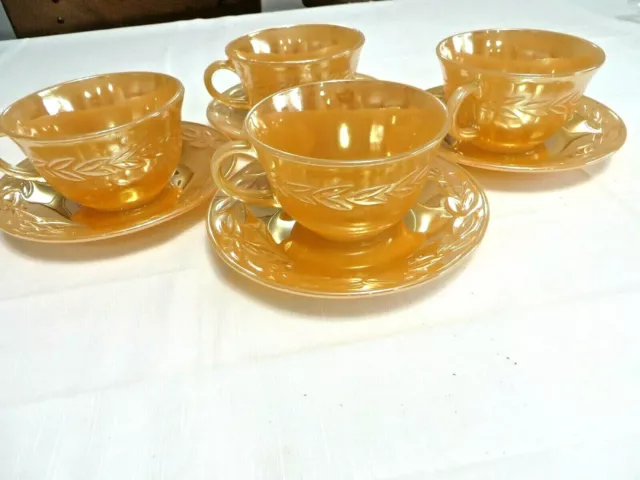 Anchor Hocking Fire King Peach Luster Laurel Leaf Cups And Saucers Set Of 4