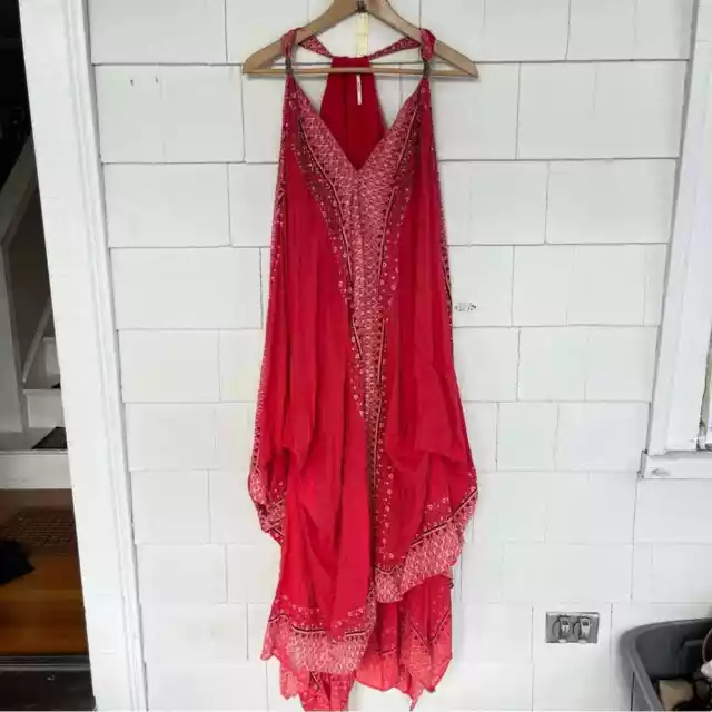 Free People Merida Printed Beaded Handkerchief Maxi Dress Red size M/L