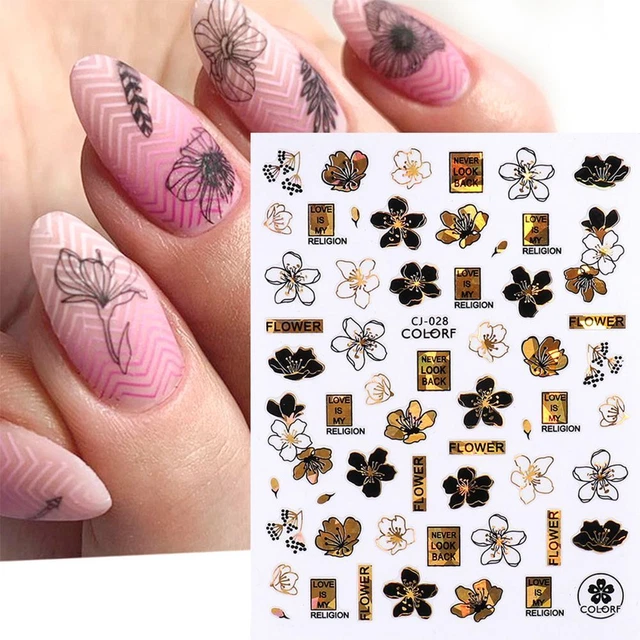 Or noir Feuille de fleur Holographique Autocollants pour ongles Laser 3D