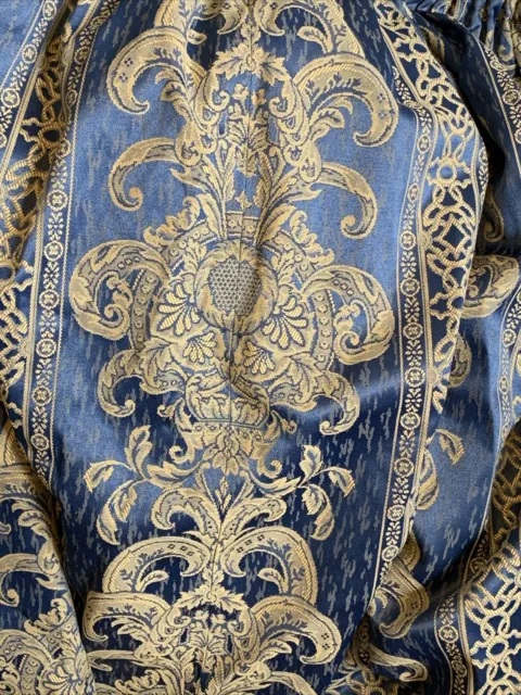 Vintage Heavy Lined Satin Curtains Blue Damask Brocade Jacquard Luxury ODD