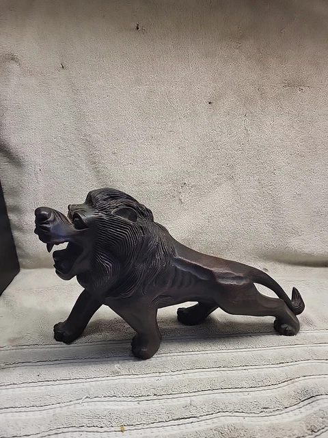 Hand Carved Lion Figurine Statue Sculpture Hardwood Fierce Dark Wood 12" Long