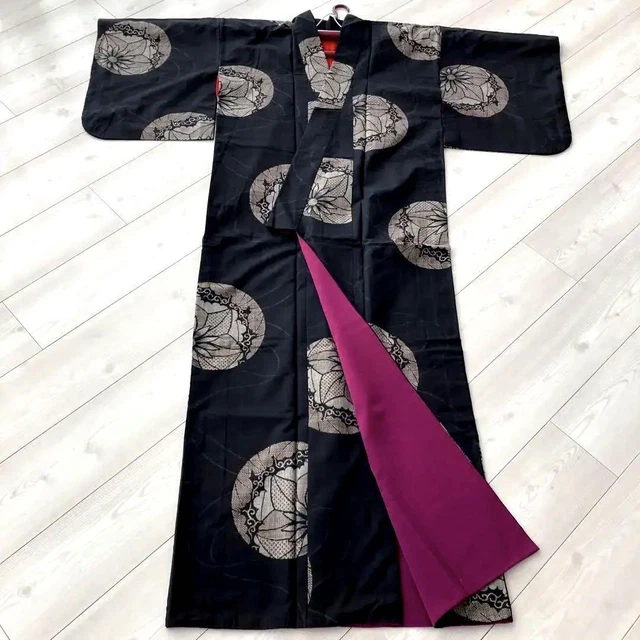 Antique Japanese Kimono Oshima Tsumugi Silk Pongee Weave Ball 152cm Black