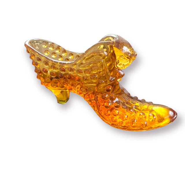 Vintage Fenton Art Glass Shoe Hobnail Amber Cat Head Victorian Boot Slipper